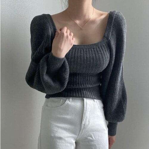 2021 Autumn Winter Vintage Solid Knitted Sweater Women sweater Square Collar Lantern Sleeve Pullovers Chic Sweet Tops