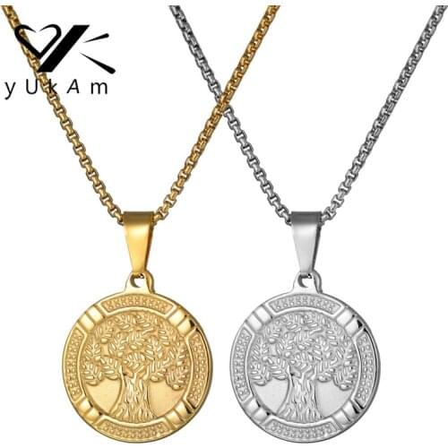 YUKAM Jewelry Lucky Tree of Life Charm Necklaces Stainless Steel Silver Color Gold Family Tree Coin Pendants Necklaces for Women
