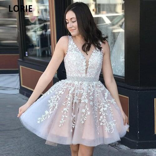 LORIE Short Homecoming Dresses 2020 A Line V Neck Appliqued Lace Crystal Beaded Sash Cocktail Dress Mini Prom Gowns Plus Size