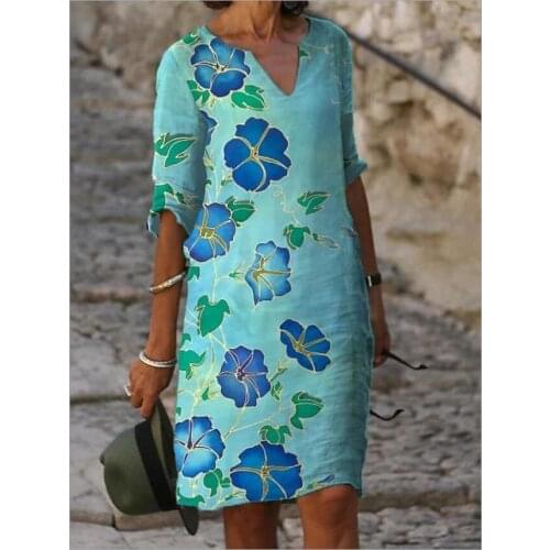 2020 New Women Printing Dress Summer V-Neck Half Sleeve A-Line Dresses Female Retro litera Vintage Loose Dress Vestidos
