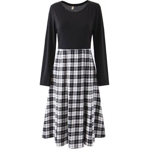 Womens Vintage Plaid Midi Dress High Waist 3/4 Sleeve Round Neck Elegant Puffy Swing Casual Party Dress for Autumn Winter