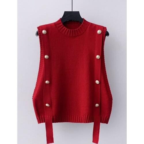 Spring Fall New Crewneck Waistcoat Women Double-Breasted Knitted Sweater Vest Female Slim Fit Sleeveless Jumpers Elegant s1088