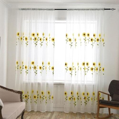 1pcs Home Sunflower Embroidery Long Tulle Curtain Drapes with Rod Light Transmission Home Bedroom Tulle Voile Curtains