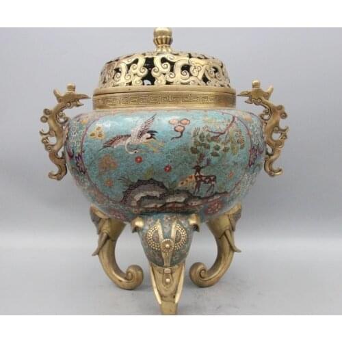 21" China Bronze Cloisonne Enamel Dragon Phoenix Elephant Incense Burner Censer
