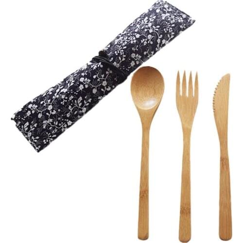 3pcs/set Japanese Style Bamboo Wooden Cutlery Set Fork Cutter Cutting Reusable Kitchen Tool With Bag Useful Kitchen Cooking Tool