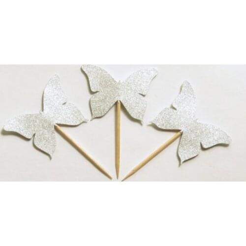 50pcs silver Glitter Butterfly cupcake toppers rustic wedding baby shower toothpicks birthday food pick decorations