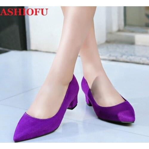 ASHIOFU Hot Sale New Womens Block Heels Pumps Faux-suede Slip-on Party Office Dress Shoes Pointed-toe Large Size Fashion Shoes