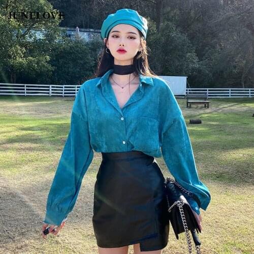 JuneLove Spring Women Pocket Lantern Sleeve Blouse Female Loose Blue Casual Corduroy Shirt Lady Turn Down Collar Korean Tops