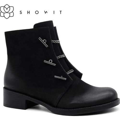 Fashion Lady casual Black ankle boots High quality basic footwear for women round toe Autumn boots with chain zipper type shoes