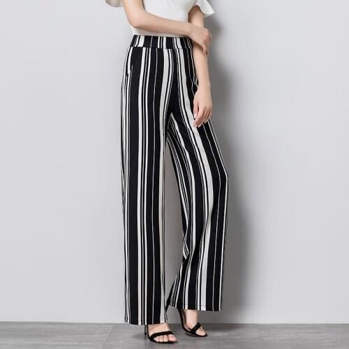 Pants Women Striped Long Trousers Pockets Korean Style High Waist Womens All-match Elastic Simple Female Loose Large Size Pant