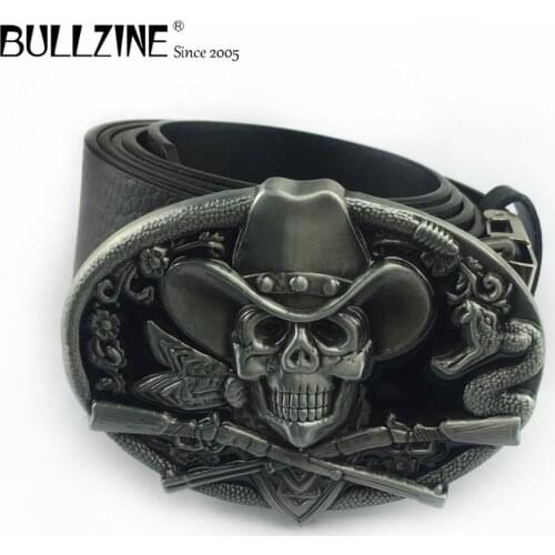Bullzine zinc alloy black enameled SKULL belt buckle FP-02671-1 LUXURIOUS jeans gift belt buckle PU belt with connecting clasp