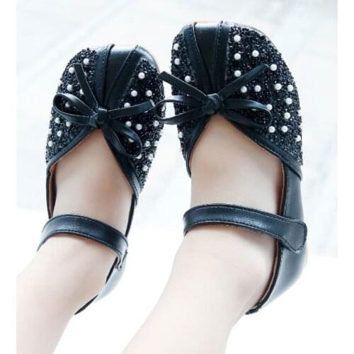 Girl Soft Soled Rhinestone Fashion Leather Shoes Pumps Birthday Christmas Party Autumn Spring Bowknot Non-slip Single Shoes Hot