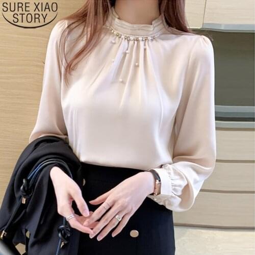 Elegant Causal Lady Clothes Autumn Long Sleeve Blouse Women Beading Stand Collar Chiffon Shirt Women Blusas Mujer De Moda 16229