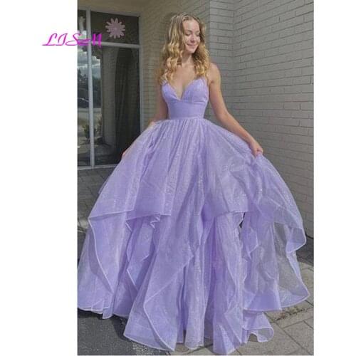 Elegant Purple V-Neck Tulle Long Prom Dress Sweetheart Straps Sparkly Glitter Evening Party Dresses Formal Gowns