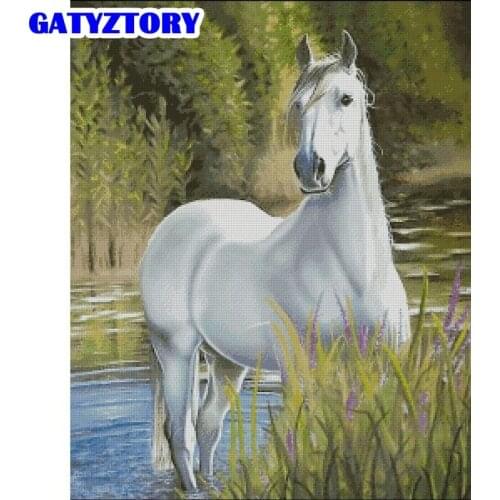 GATYZTORY Picture By Numbers Kits For Adults 60x75cm Framed White Horse Animal Paint Handmade DIY Gift Home Living Room Decor