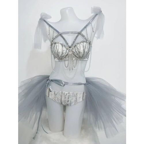 Fashion Gray Tutu Skirt Bikini 2-piece Set Womens Sexy Costume Rhinestones Bra Short Prom Stage Wear Dance Show Sexy Outfit