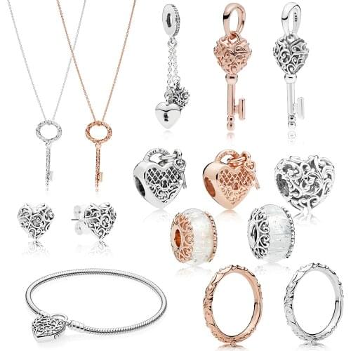 Fashion 925 Silver Classic Rose Gold Luxury Charm Heart Key Beaded Earring Necklace Pendant Bracelet Birthday Proposal Best Gift