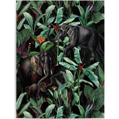 Two Black Elephant Animal Green Leaf Wall Art Home Decoration Canvas Paintings Pictures HD Prints Modular Poster For Living Room