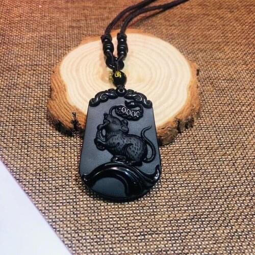 Natural obsidian Zodiac Mouse pendant obsidian Feather mouse pendant + with high-end sling