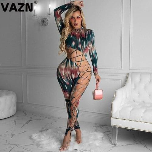 VAZN 2020 New Unusual Sexy Club Open Young Cross Bandage Top Turtleneck Backless Full Sleeve Women High Waist Skinny Jumpsuits