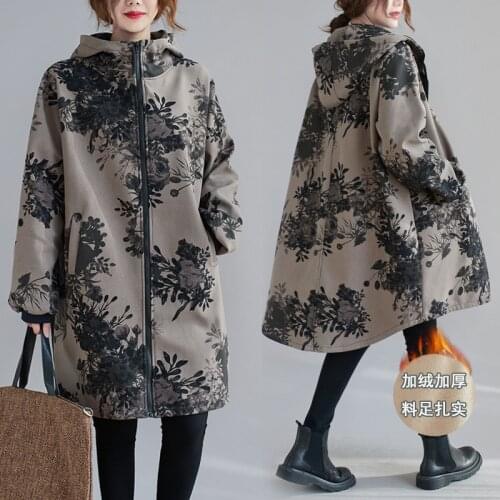 Autumn Winter 2021 New Quality Ramie Maple Leaves Print Plush Thickening Retro Long Coat Large WomenS Casual Thin Trench