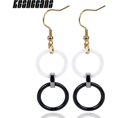 New Fashion White/Black Ceramic Earrings With Double Hollow Circle Stainless Steel Party Jewelry Earrings Accessories For Women