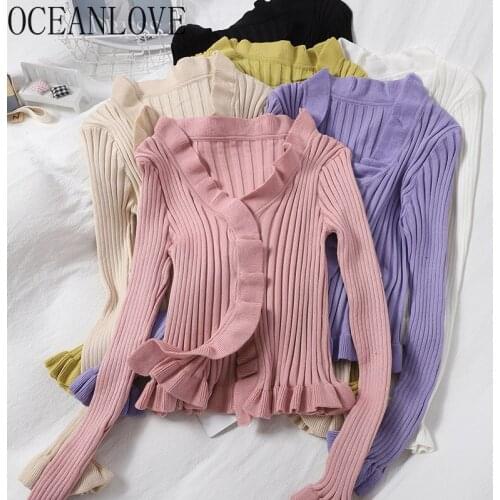 OCEANLOVE Ruffles Women Cardigans Solid Sweet Short Fashion Autumn Slim Sexy Sweaters Korean V Neck Mujer Chaqueta New 19271