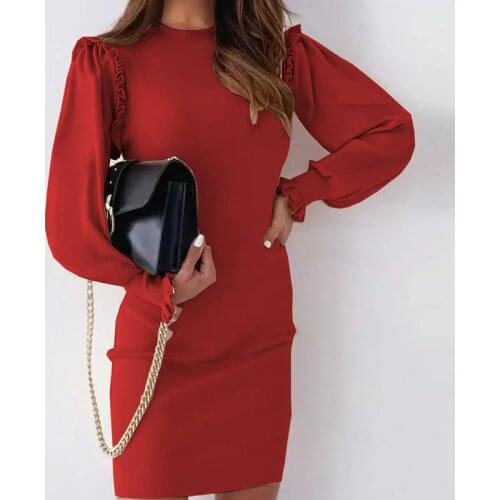 Autumn Solid Ruffle Slim Casual Dress Long Lantern Sleeve O Neck A Line Bodycon Dress Elegant Office Female Spring Vestidos New