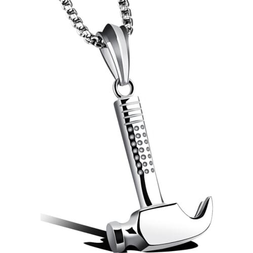 Punk Jewelry Cool Mens Silver Color 316L Stainless Steel 3D Hammer Design Pendant Chain Necklace Unisexs Christmas Gift 47*29mm
