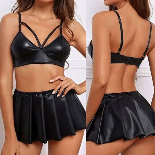 Leather Pajamas Women Sexy Solid 2 Pieces Lingerie Set Temptation Patchwork Underwear Push Up Nightdress Mujer Pijama Sleepwear