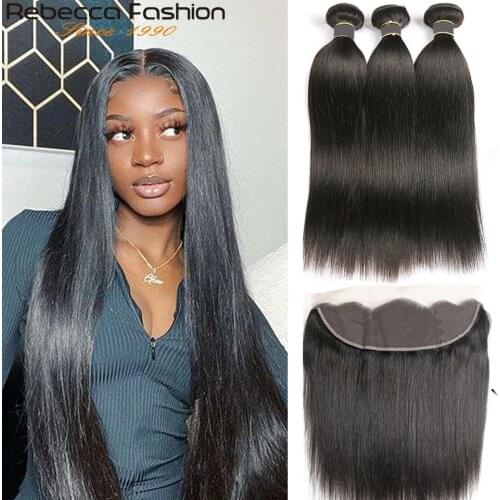 Rebecca Straight Hair Lace Frontal With Bundles Remy Malaysian Human Hair With Lace Frontal 3 Bundles With Frontal