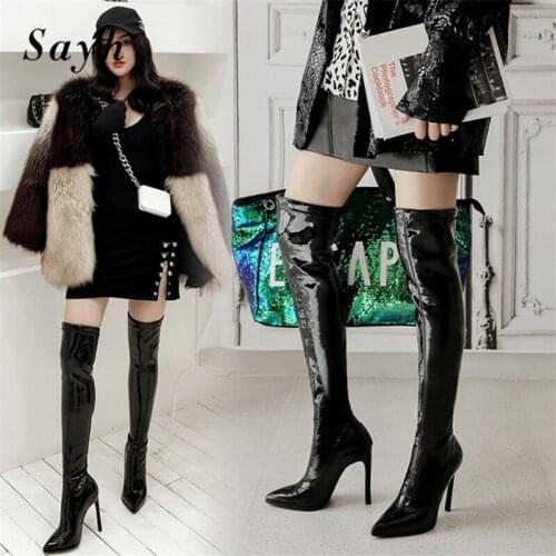 Winter Women Over The Knee High Boots Slip On Super High Heels Patent Leather Thigh Boots Sexy Stripper Shoes Size Plus 34-45