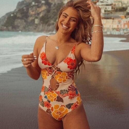 Sexy Fashion swimwear women 2021 printed cross strap one-piece swimsuit Push Up Bodysuit Bathing Suit Female Flowers Biquinis