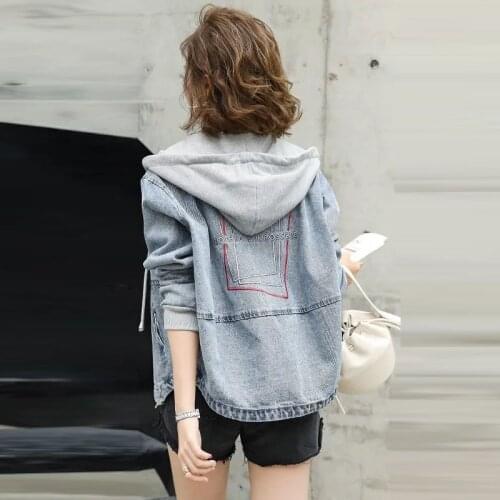 Loose Patchwork Hooded Denim Jacket Women Fashion Embroidery Zipper Jean Coat Korean Style Spring Short Denim Outwear Tops