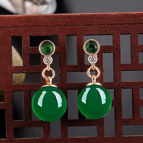 Vintage Ethnic Green Agate Drop Earrings for Women Rose Gold Simple Temperament Elegant Female Fashion Jewelry Wedding Gifts