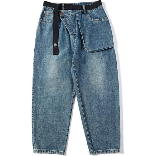 Japanese original diagonal buckle three-dimensional large pocket baggy jeans jeans men