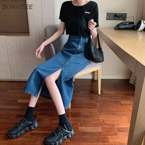 Skirts Women Denim Side Slit Design Soft Harajuku Sexy Ladies Bright Line Decoration All-match Slim Summer New Leisure Chic Ins
