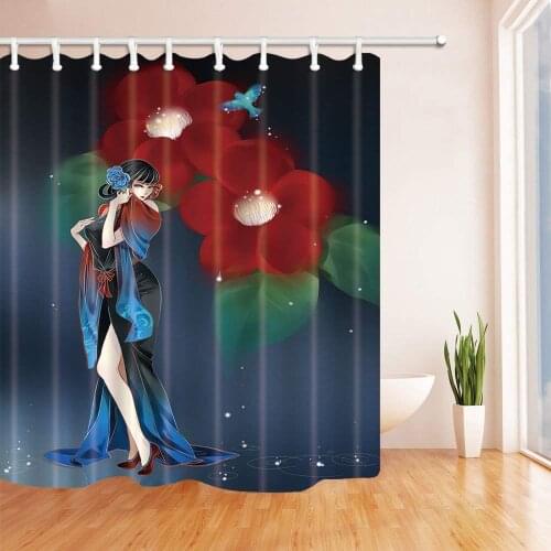 Anime Girl Red Flower Shower Curtains for Bathroom