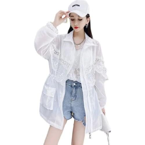 Heavy Industry Embroidery Letter Lace Womens Sun Protection Clothes Summer 2021 New Fashion Mid-Long Ladies Anti-UV Coat