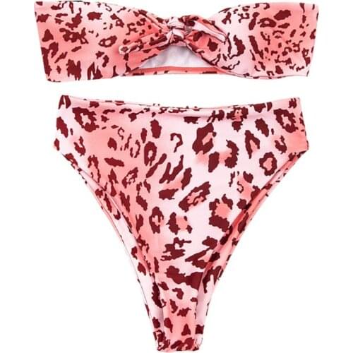 Womens Sexy 2 Piece Bikini Set Tie Knot Front Tube Top High Waisted Bottoms Thong Swimsuit Leopard Print Bathing Suit