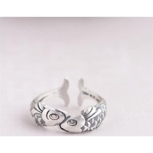 Season Gate 925 Sterling Silver Retro Cute Lovely Double Carps Adjustable Size Open Ring for Women Girls SR065