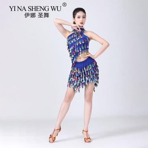 Women Sexy Sleeveless Latin Dance Training Sequins Tassel Clothing Ballroom Dress Tango Modern Rumba Performance Dancewear New