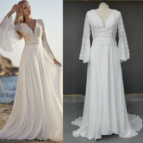 Bohemian Seaside Beach 2021 Wedding Dress Long Bell Slevees Flowy Chiffon Cut Out Lace 2021 Cheap V-Neck Backless Bridal Gowns