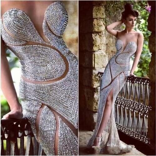 Luxury Beaded Silver Gold Mermaid Evening Dresses Long High Slit Party Evening Gowns For Women Vestidos De Festa Longo