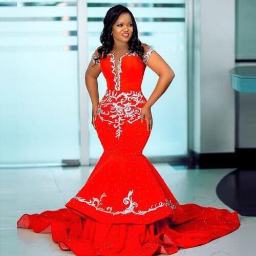 Red Major Beads Mermaid Prom Dresses Cap Sleeves 2 Layers Black Girls Party Dress Lace Appliques Mermaid Evening Gown Plus Size