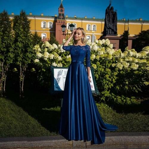 2021 Wholesale Latest Blue Lace Prom Party Dresses Bateau Neckline Back Out Evening Gowns Long with 3/4 Sleeves Bow Belt