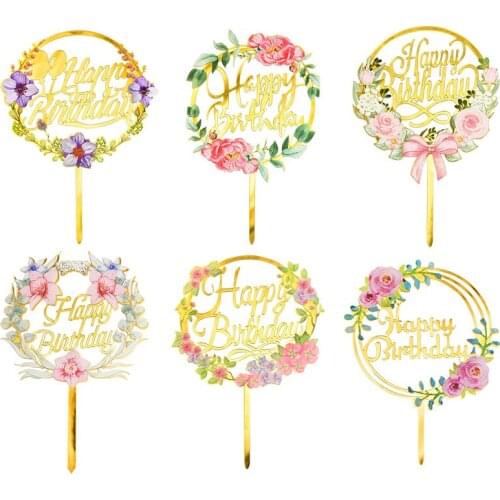 Acrylic Cake Topper Happy Birthday Cupcake Top Flag Cake Decorating for Baby Shower Kids Birthday Wedding Party Supplies