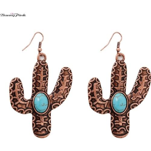 Banny Pink New Hope Cactus Dangle Earrings For Women Wild Free Oval Stone Drop Earrings Big Metal Carved Tribal Earrings Brincos