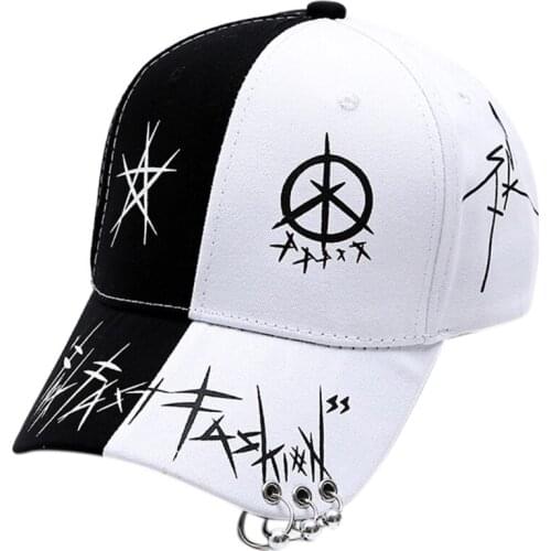 Black White Graffiti Print Baseball Cap with Rings Harajuku Hip Hop Snapback Hat