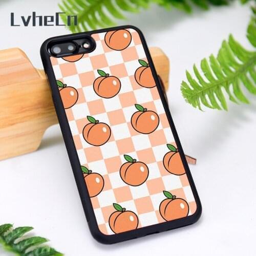 LvheCn Silicone Rubber Phone Case Cover for iPhone 6 6S 7 8 Plus X XS XR 11 12 Mini Pro Max Checkered Peaches